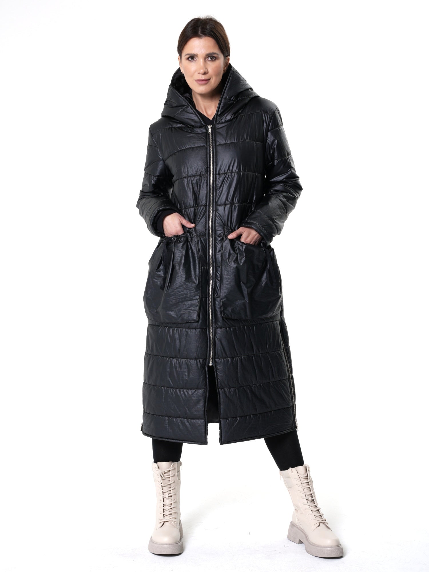Long Black Puffer Jacket With Oversize Pockets - Metamorphoza