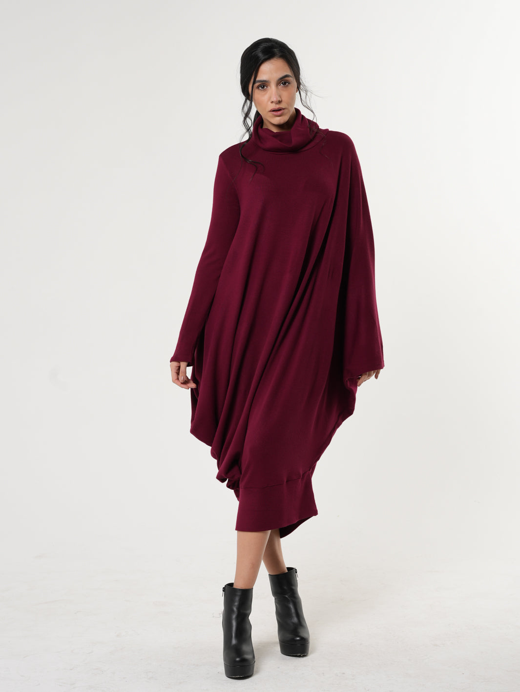 Soft Loose Turtleneck Dress In Burgundy Soft Loose Turtleneck Dress In Burgundy