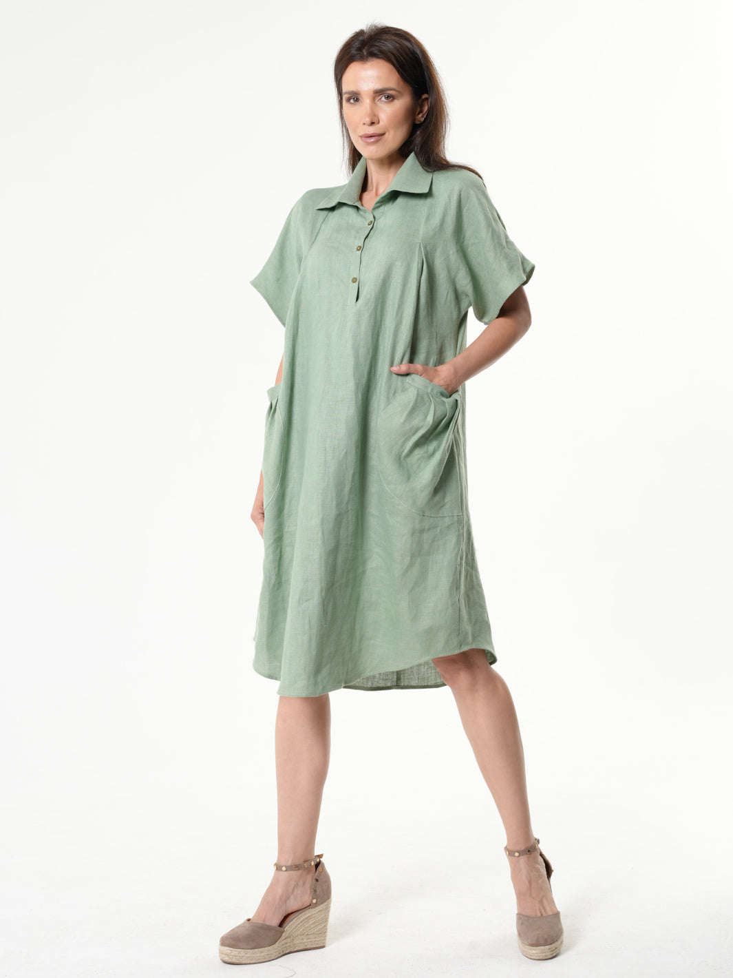 Midi Linen Dress With Side Pockets In Light Green Midi Linen Dress With Side Pockets In Light Green