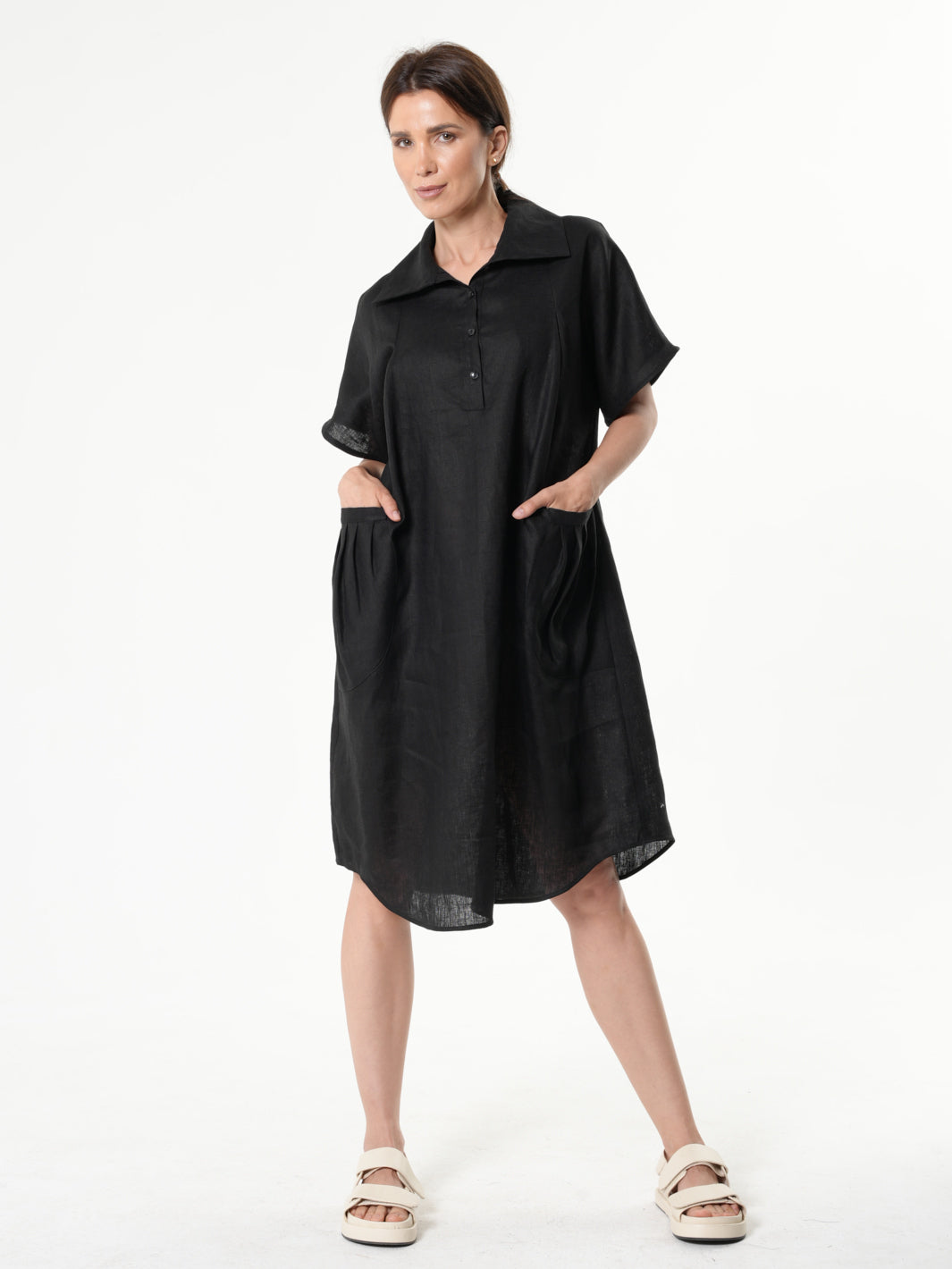 Midi Linen Dress With Side Pockets In Black Metamorphoza Midi Linen Dress With Side Pockets In Black Metamorphoza