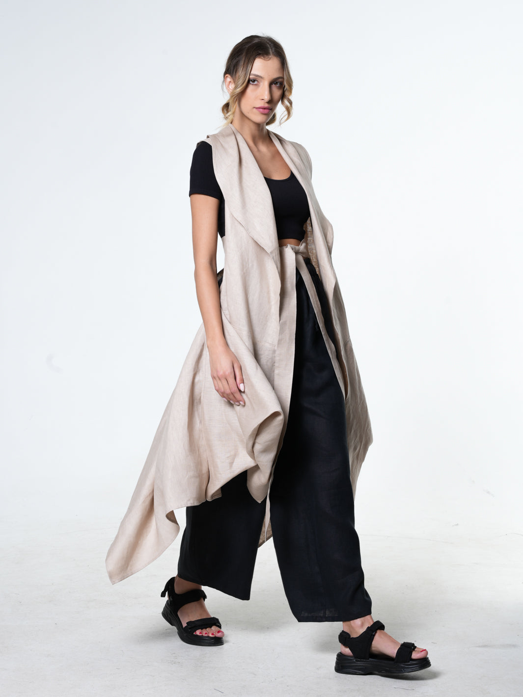 Loose Long Linen Vest In Beige Metamorphoza Loose Long Linen Vest In Beige Metamorphoza