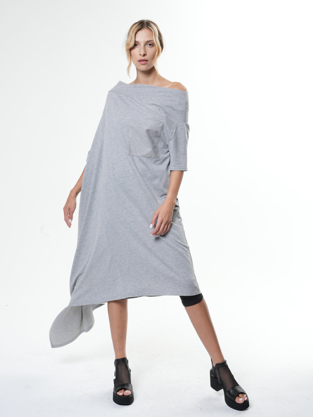 Oversize Open Shoulder Gray Dress