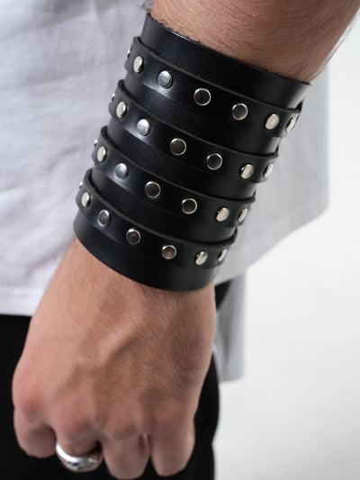 Wide Leather Studded Bracelet