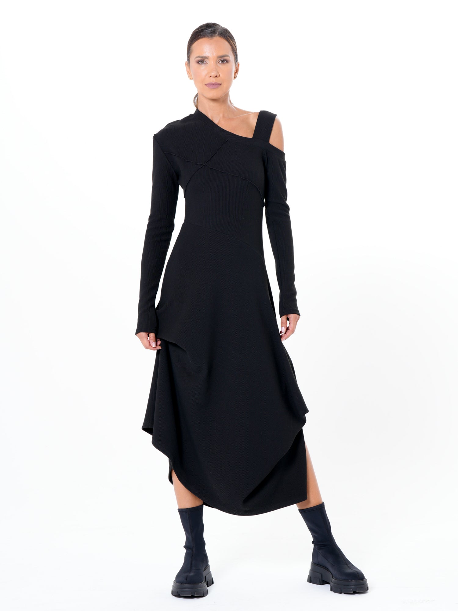 Asymmetric Black Dress with Shoulder Cutout – Metamorphoza