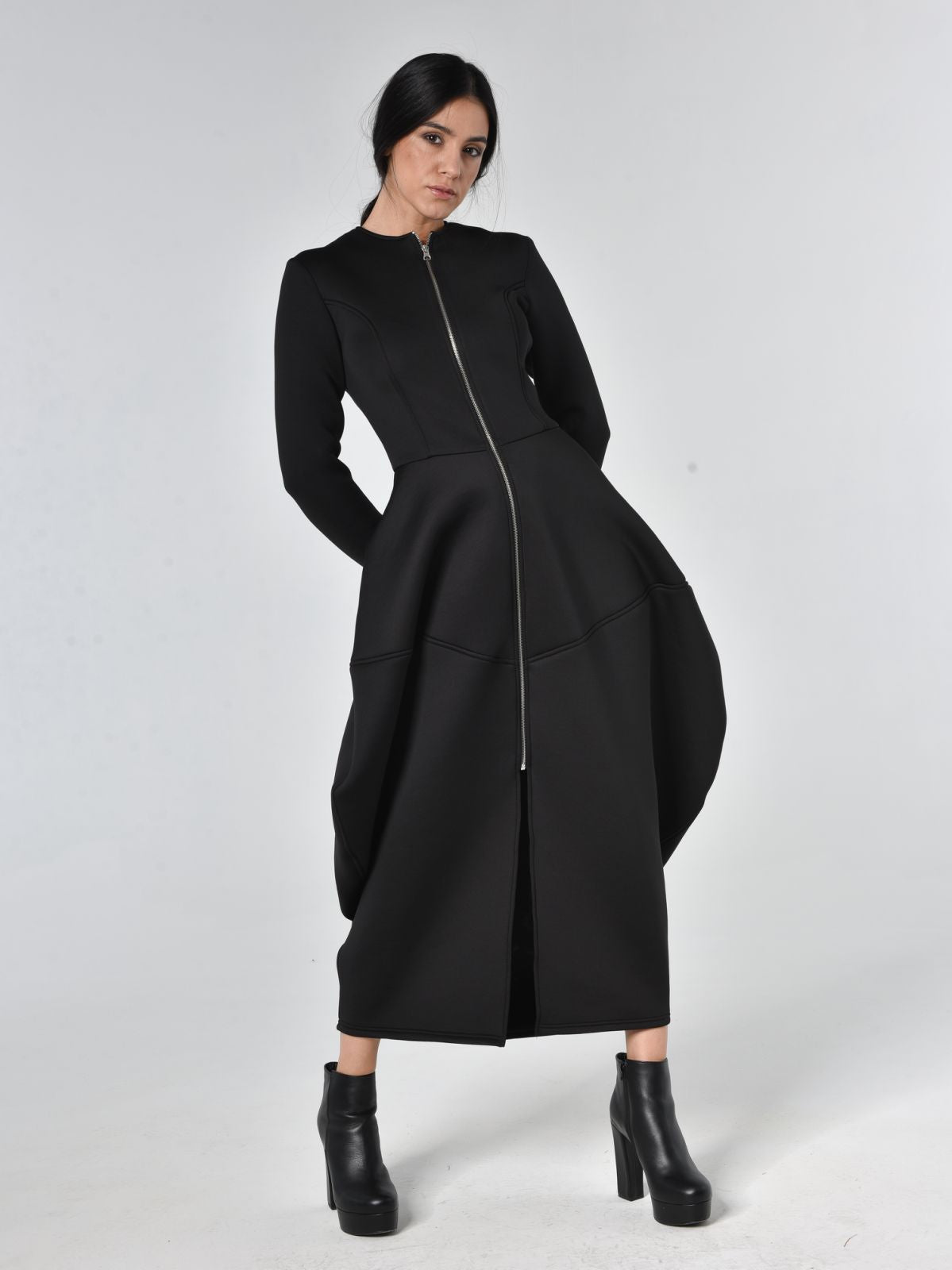 Long Zipper Neoprene Dress In Black – Metamorphoza