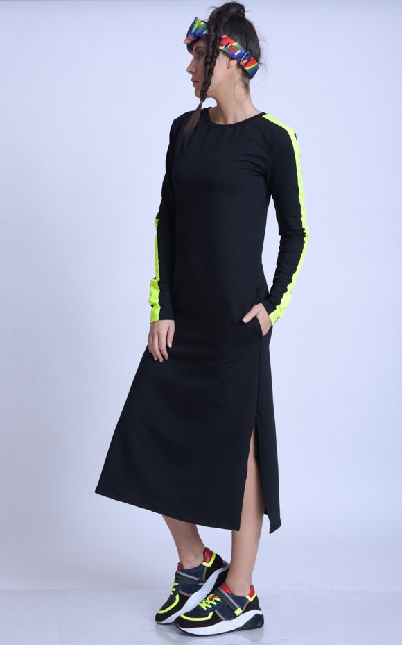 Long Sleeve Casual Dress With Neon Details Metamorphoza Long Sleeve Casual Dress With Neon Details Metamorphoza