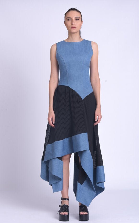 Asymmetric Denim Chiffon Dress – Metamorphoza
