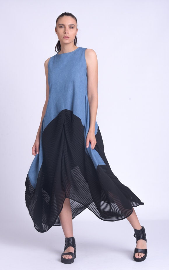Denim Dress With Pleated Chiffon Hem Denim Dress With Pleated Chiffon Hem