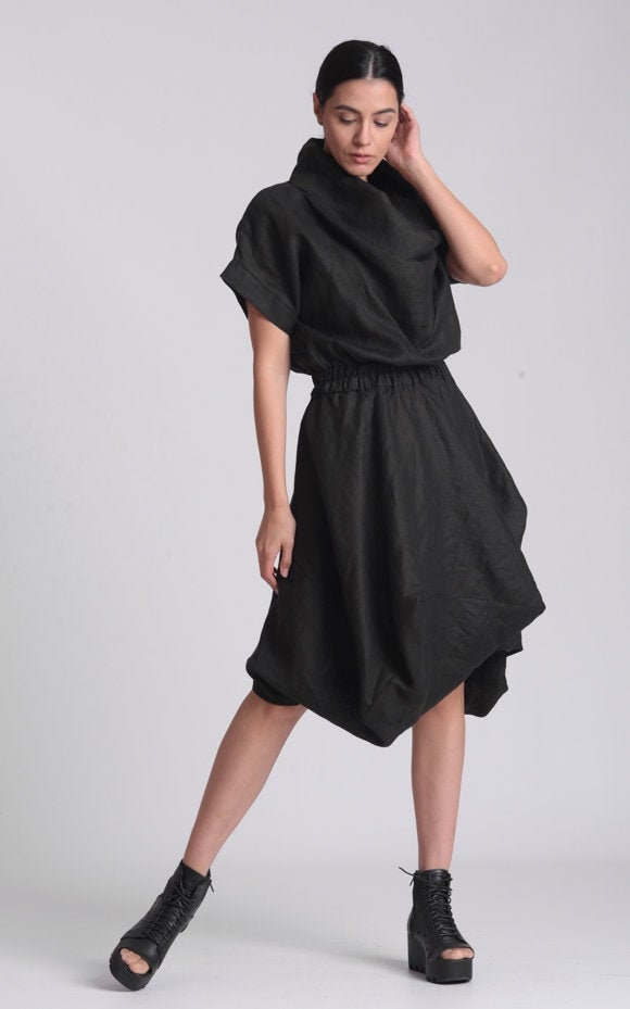 Cowl Neck Linen Dress In Black – Metamorphoza