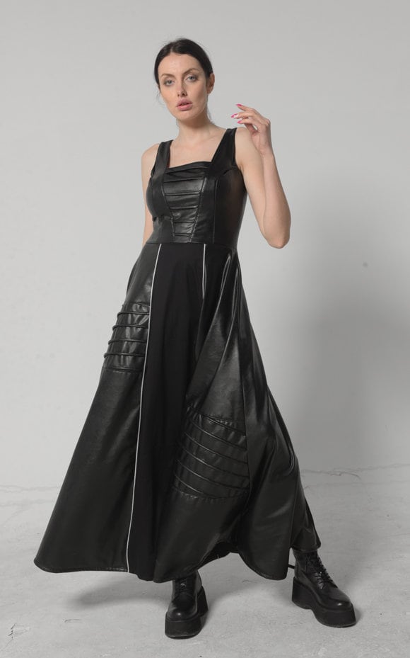 Long Flare Vegan Leather Dress Metamorphoza Long Flare Vegan Leather Dress Metamorphoza