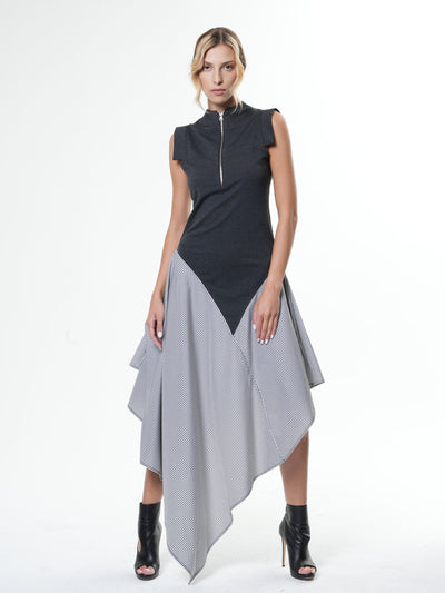 Asymmetric Stripped Pattern Dress With Gray Top