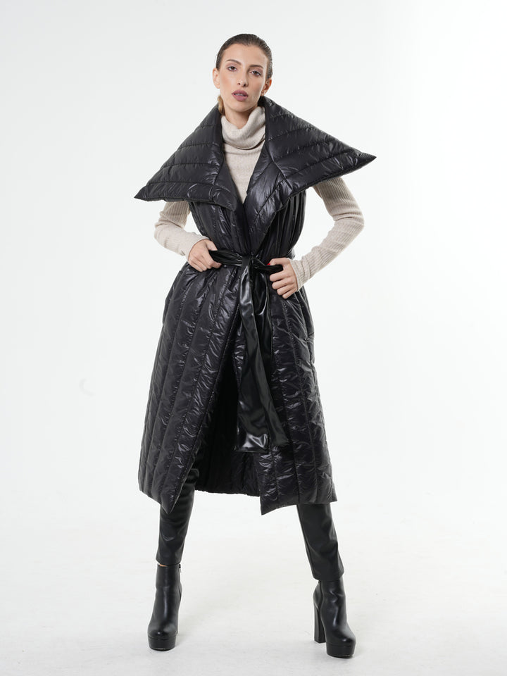 Shiny Black Long Puffer Vest - Main Image