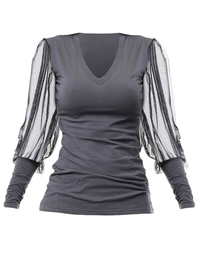 V-Neck Top With Tulle Sleeves In Gray