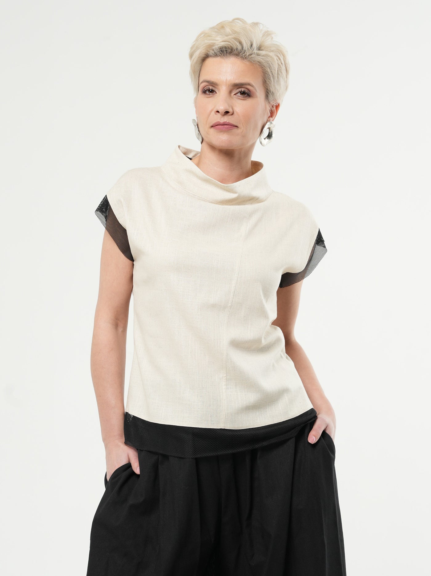 Turtleneck Linen Top In Beige