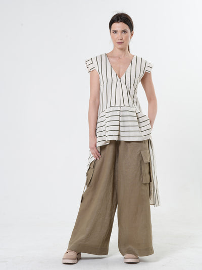 Asymmetric Linen Top on Khaki Stripes
