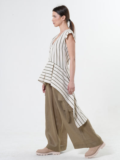 Asymmetric Linen Top on Khaki Stripes