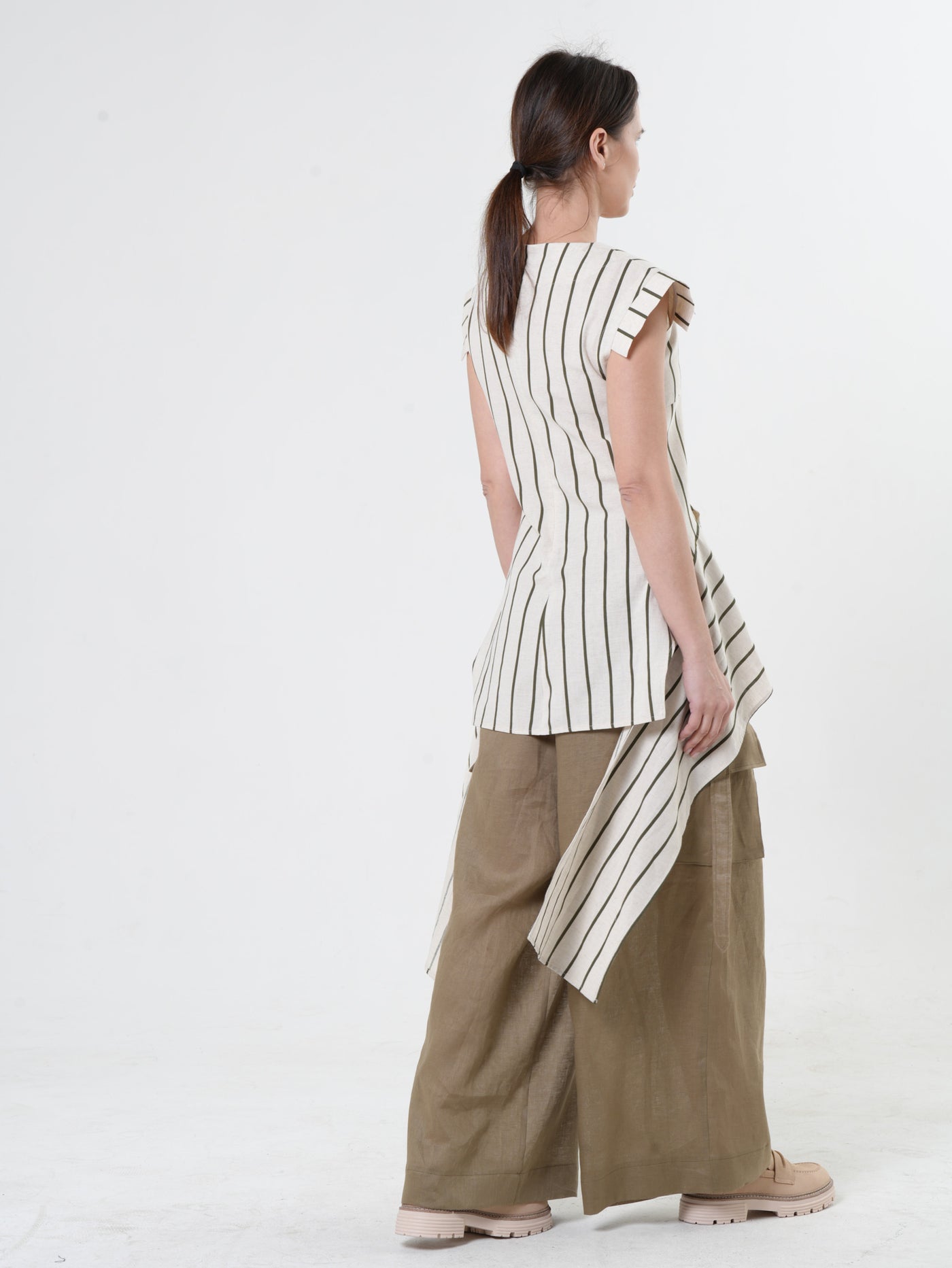 Asymmetric Linen Top on Khaki Stripes