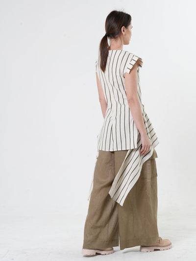 Asymmetric Linen Top on Khaki Stripes