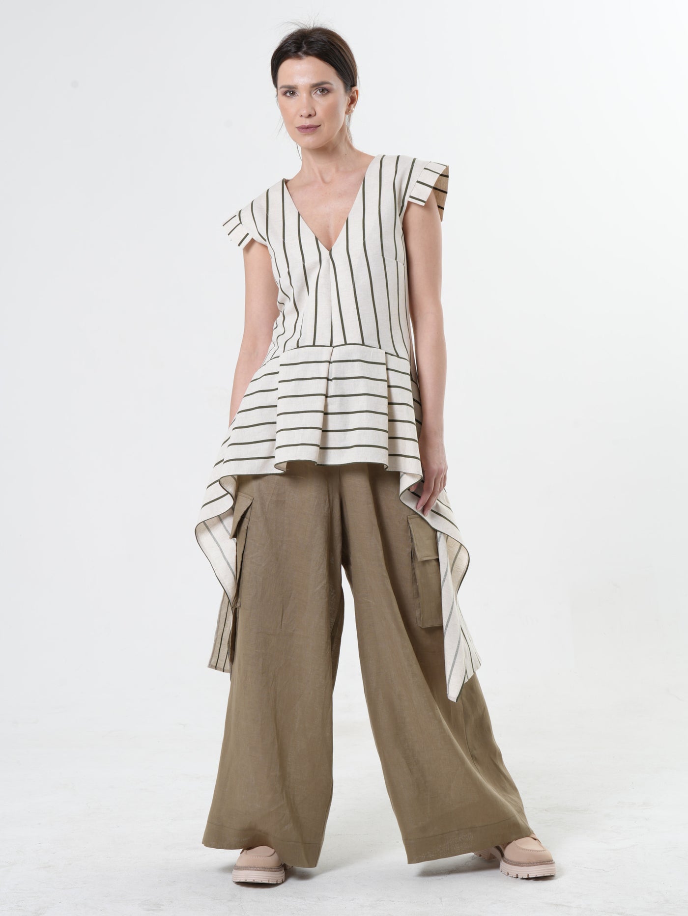 Asymmetric Linen Top on Khaki Stripes