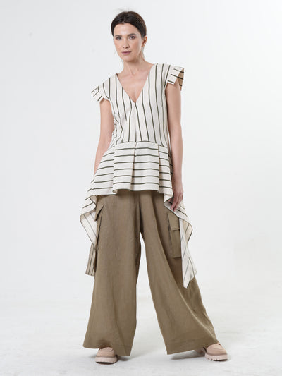 Asymmetric Linen Top on Khaki Stripes