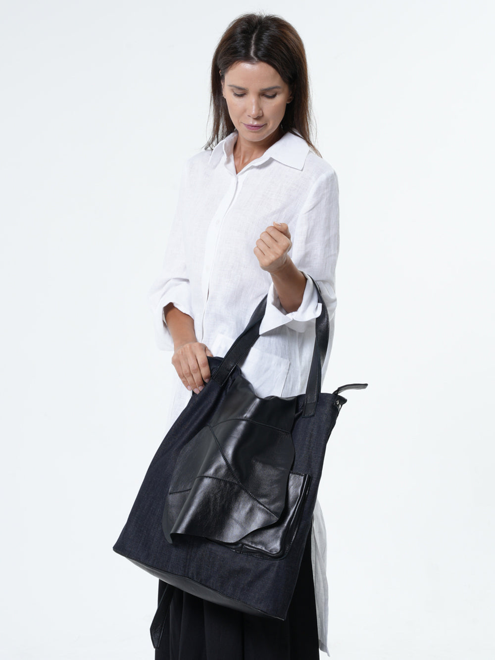 Crossbody-Tasche aus Denim und Leder