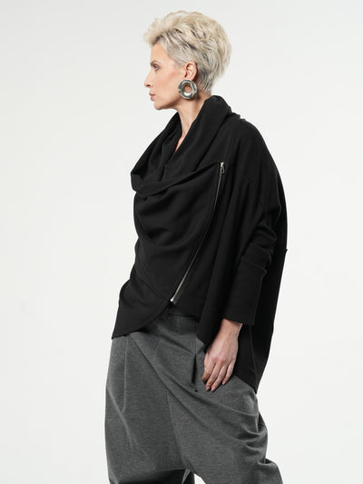 Black Loose Cardigan With Side Zipper