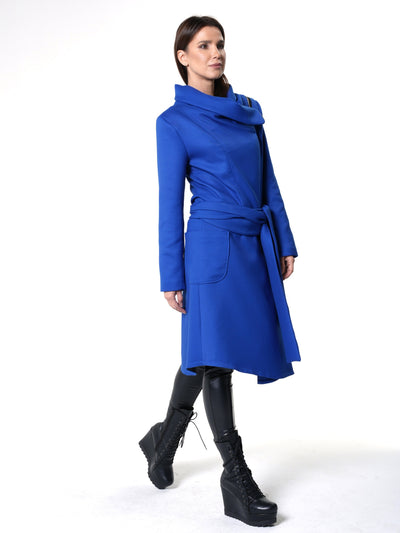 Asymmetric Belted Coat In Royal Blue