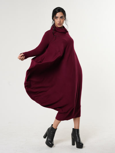 Soft Loose Turtleneck Dress In Burgundy