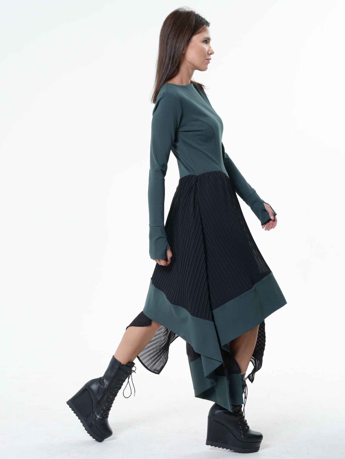 Asymmetric Dress In Petrol With Pleated Chiffon Layer