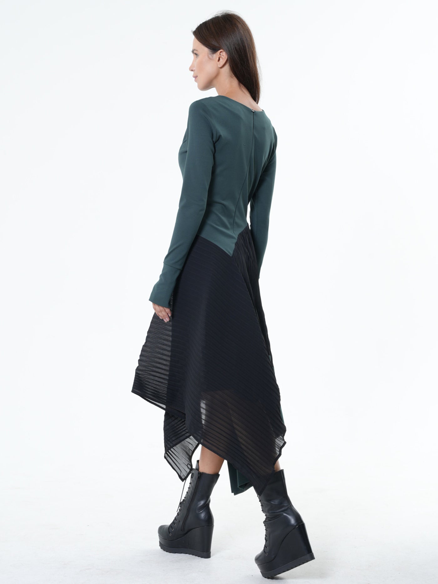 Asymmetric Dress In Petrol With Pleated Chiffon Layer