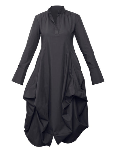 Maxi Asymmetric Collar Shirt  Dress In Black