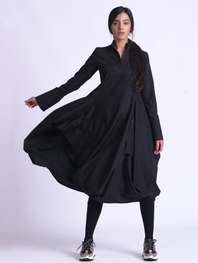 Maxi Asymmetric Collar Shirt  Dress In Black