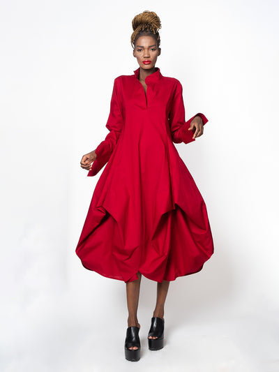 Maxi Asymmetric Collar Shirt  Dress In Red