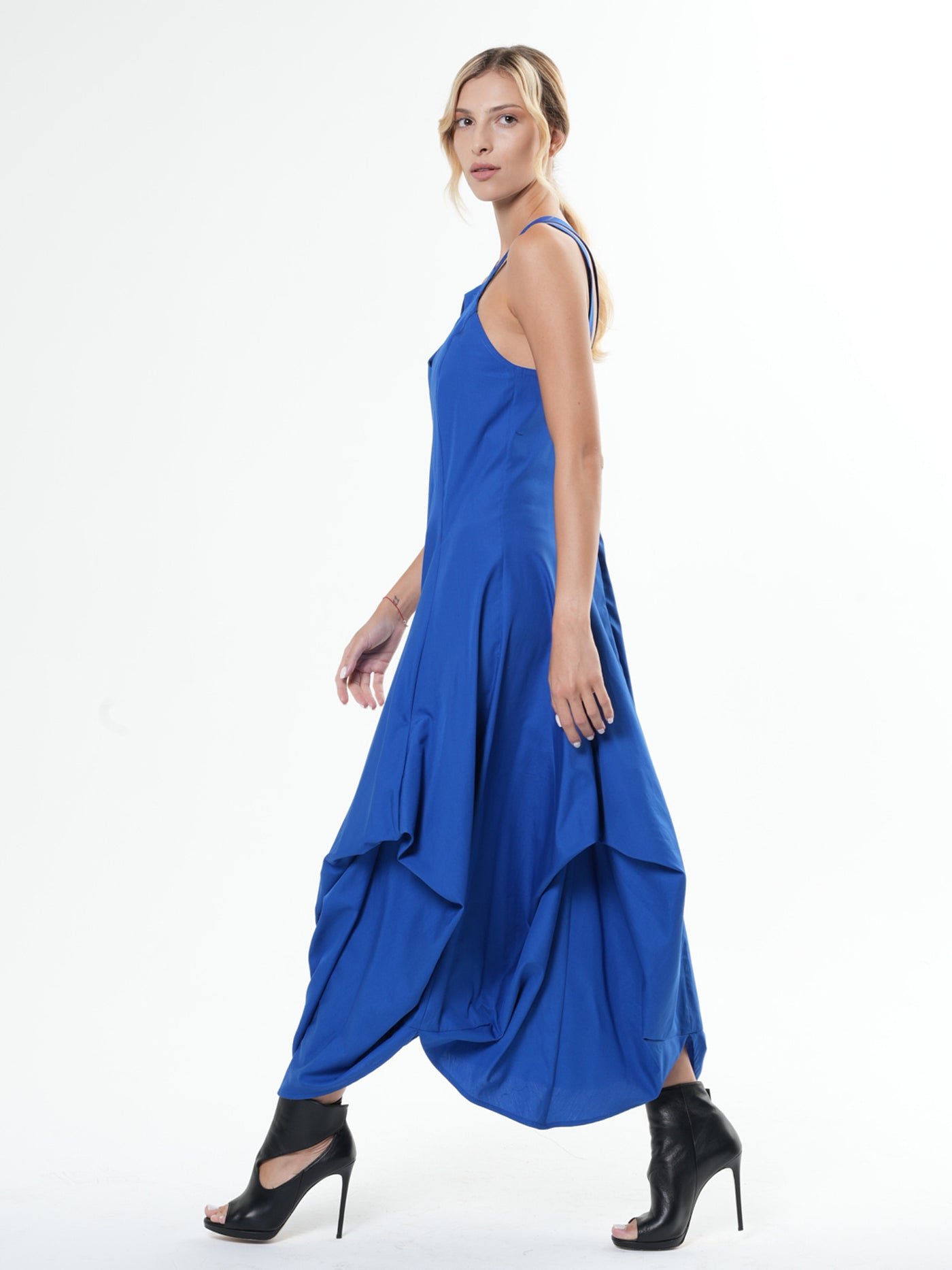 Asymmetric Long Cotton Dress In Royal Blue