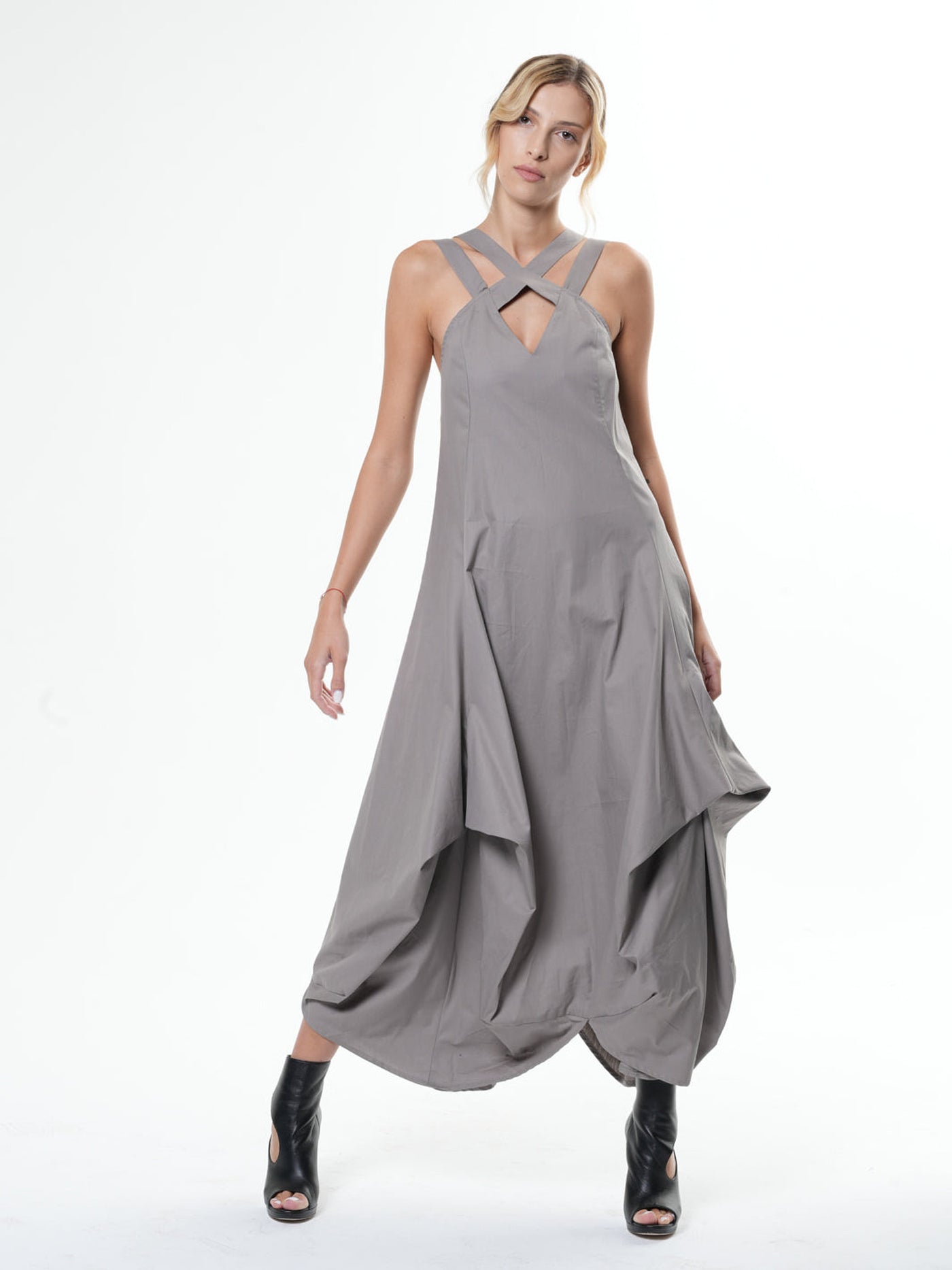 Asymmetric Long Cotton Dress In Gray