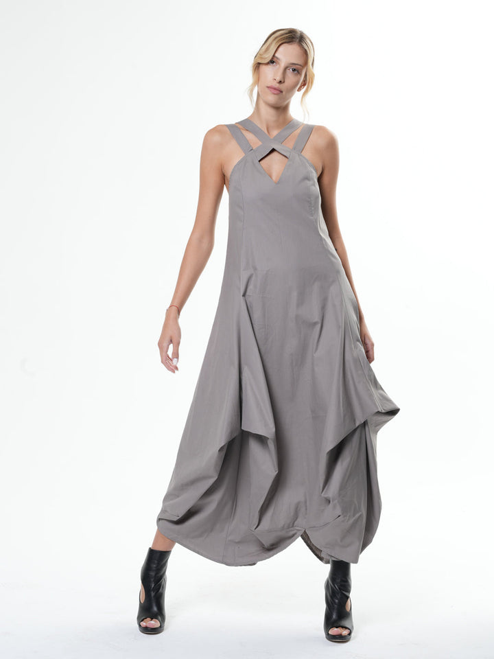 Asymmetric Long Cotton Dress In Gray Metamorphoza Asymmetric Long Cotton Dress In Gray Metamorphoza