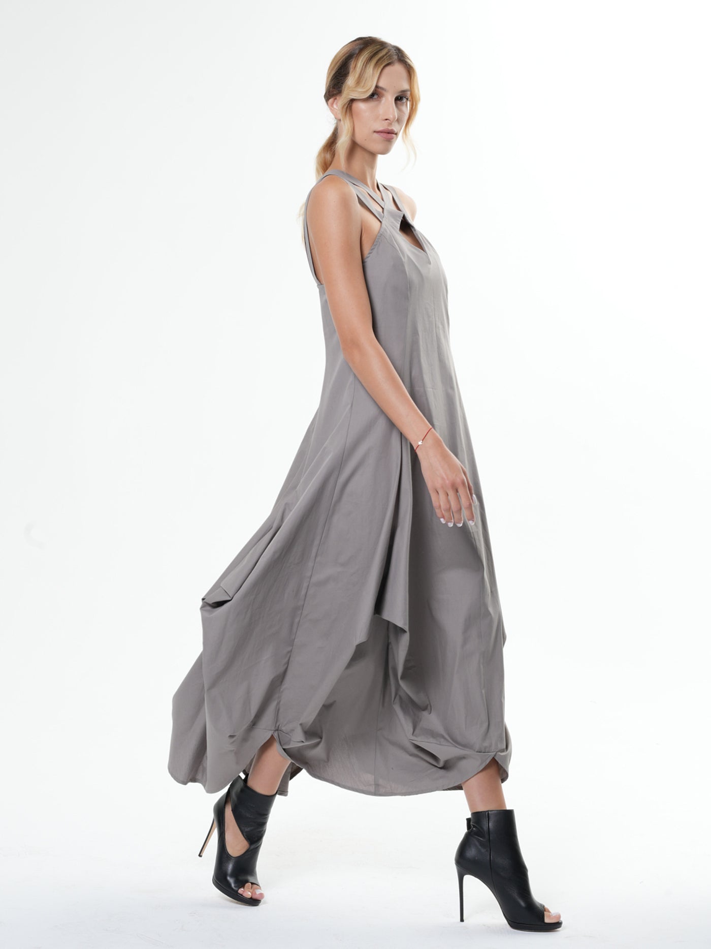 Asymmetric Long Cotton Dress In Gray