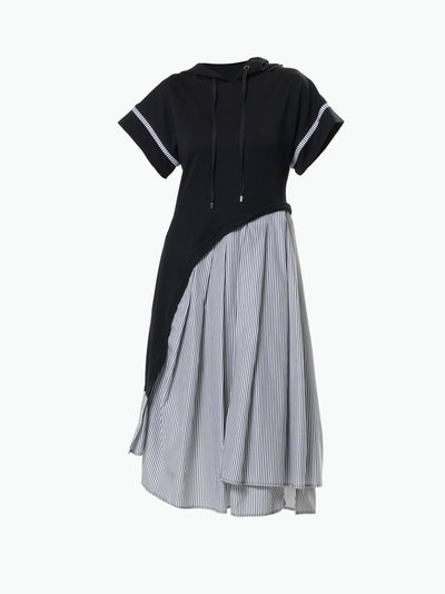 Asymmetric Hooded Dress With Short Sleeves In Black