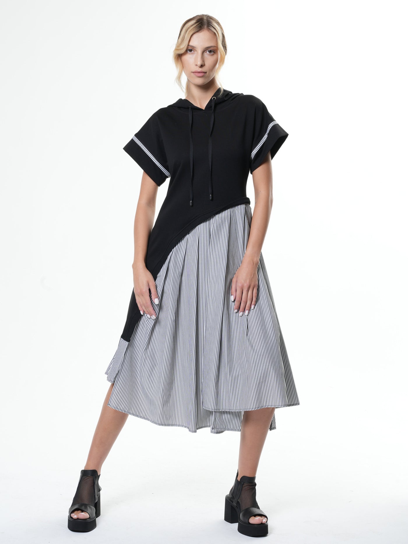 Asymmetric Hooded Dress With Short Sleeves In Black