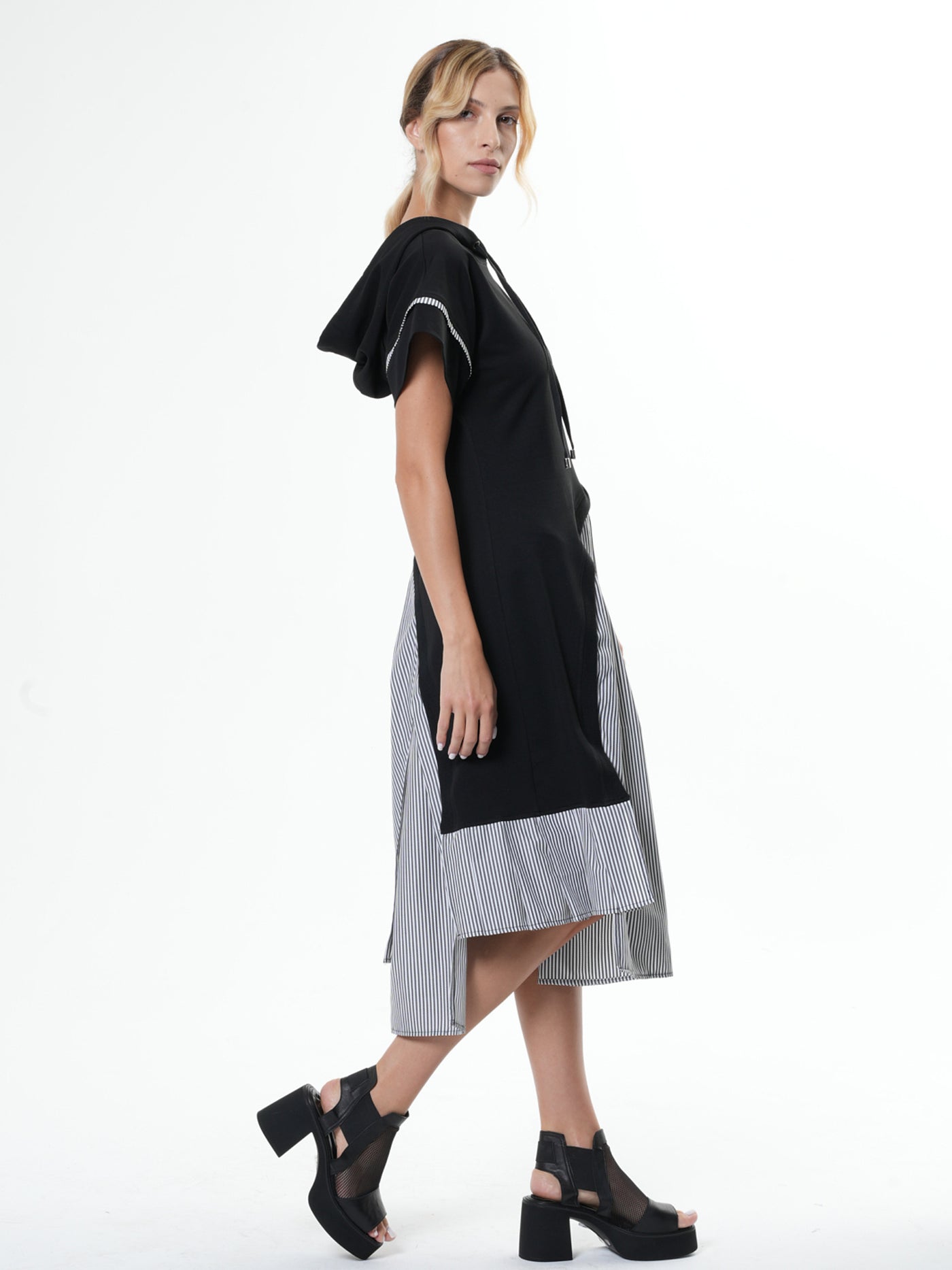 Asymmetric Hooded Dress With Short Sleeves In Black