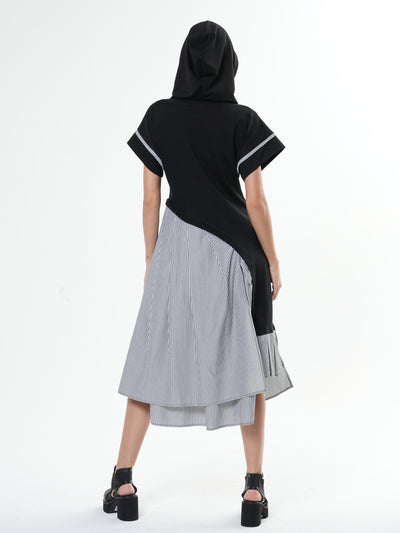 Asymmetric Hooded Dress With Short Sleeves In Black