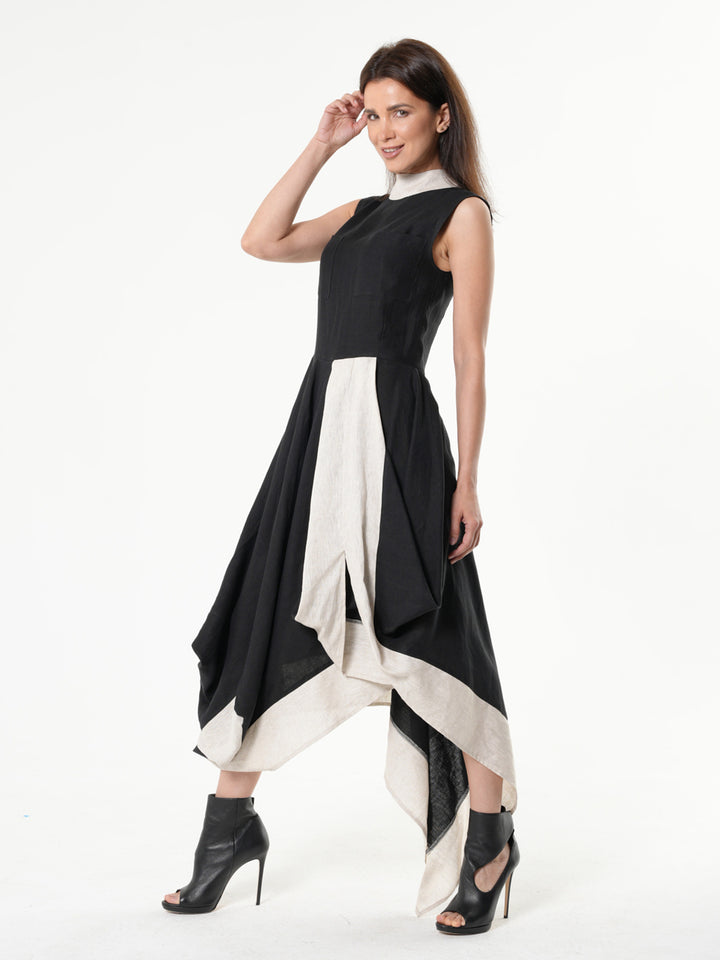 black and tan linen dress Long Linen Dress In Black and Beige