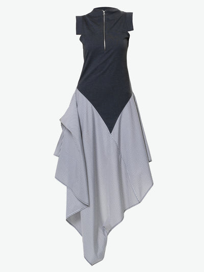 Asymmetric Stripped Pattern Dress With Gray Top