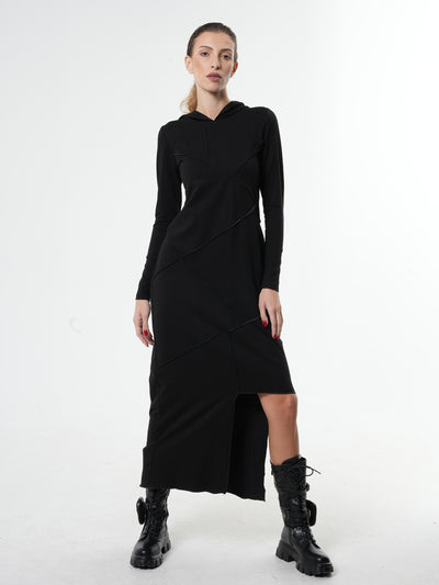 Asymmetric Hooded Black Dress