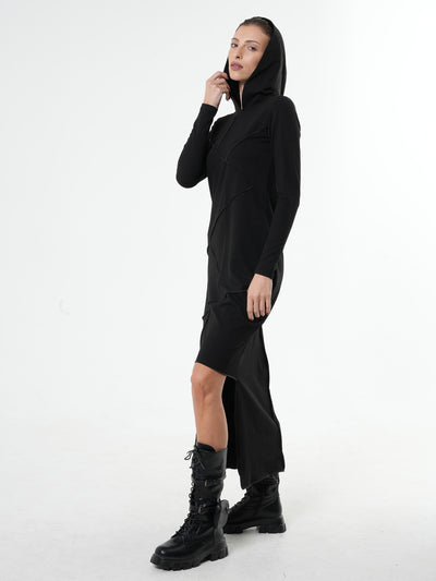 Asymmetric Hooded Black Dress