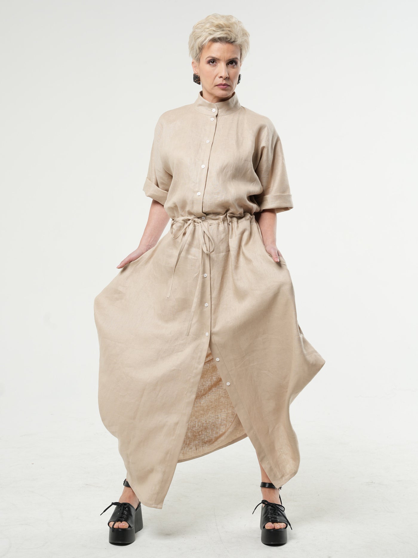 Long Linen Shirt Dress In Beige