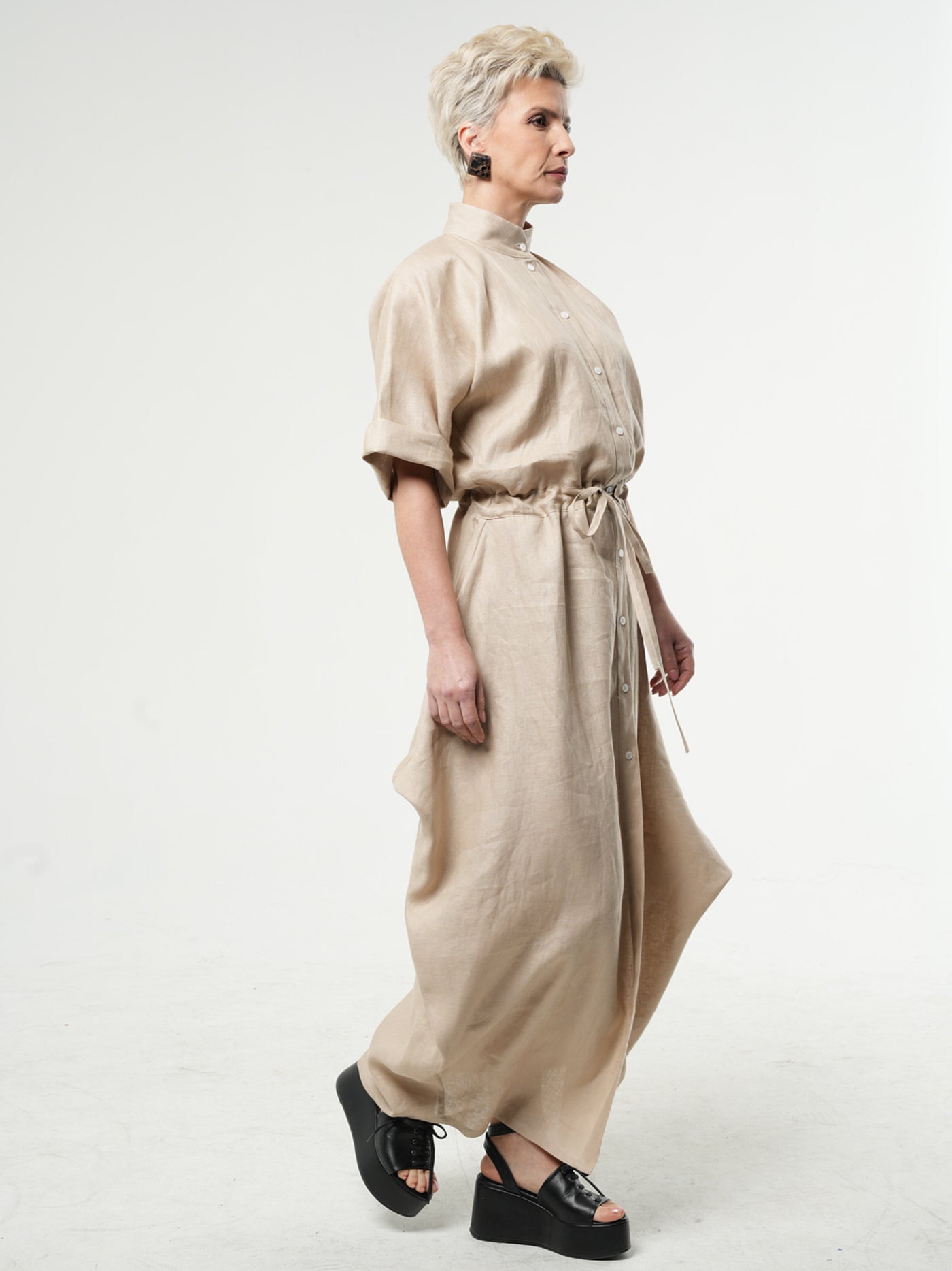 Long Linen Shirt Dress In Beige