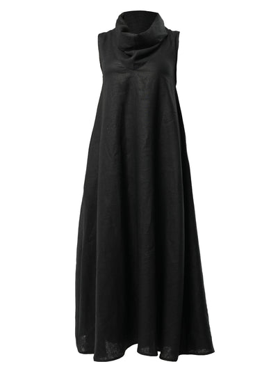 Black Linen Maxi Dress With Large Collar