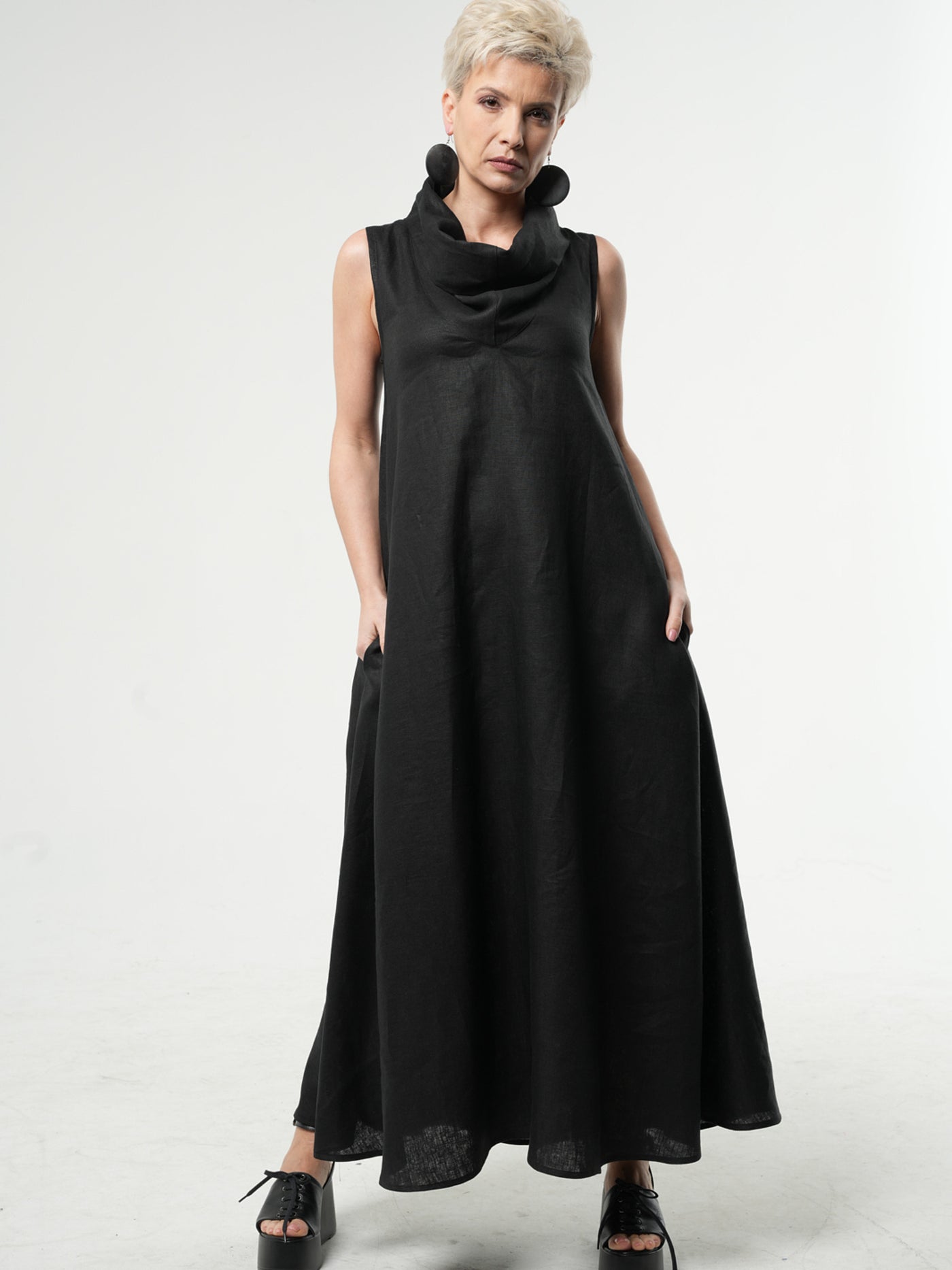 Black Linen Maxi Dress With Large Collar