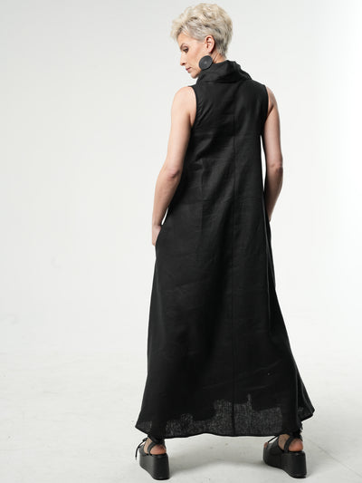 Black Linen Maxi Dress With Large Collar